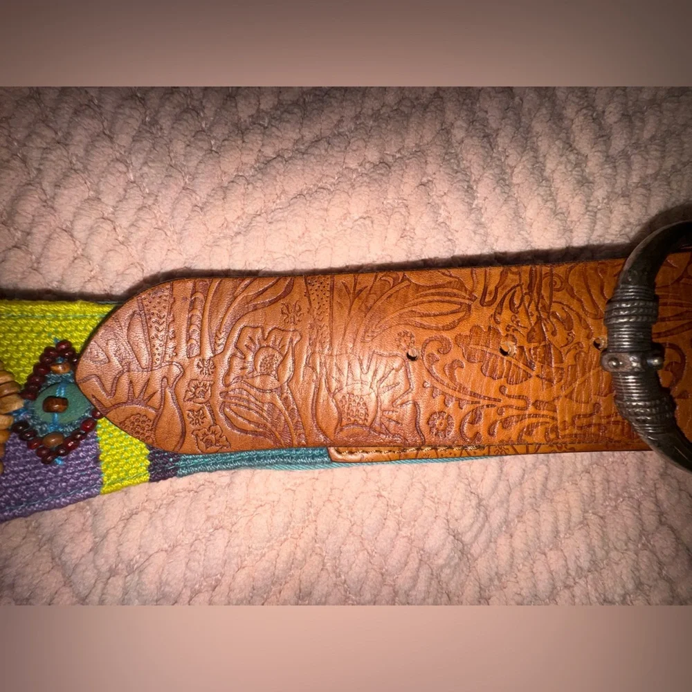 Chico's Embroidered Aztec Leather Belt in Brown and Multi